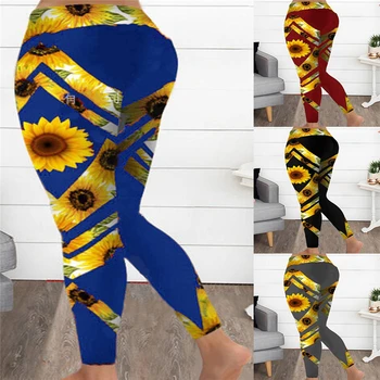 

Women Sunflower Print Leggings Push Up Elastic Workout Adventure Time Fitness Leggings High Waist Bodybuilding Pants