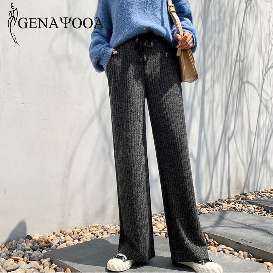 Genayooa Plus Size Knitting Wide Leg Pants Casual Woman Trousers Winter Streetwear Elastic Wear Pants Big Size Trousers