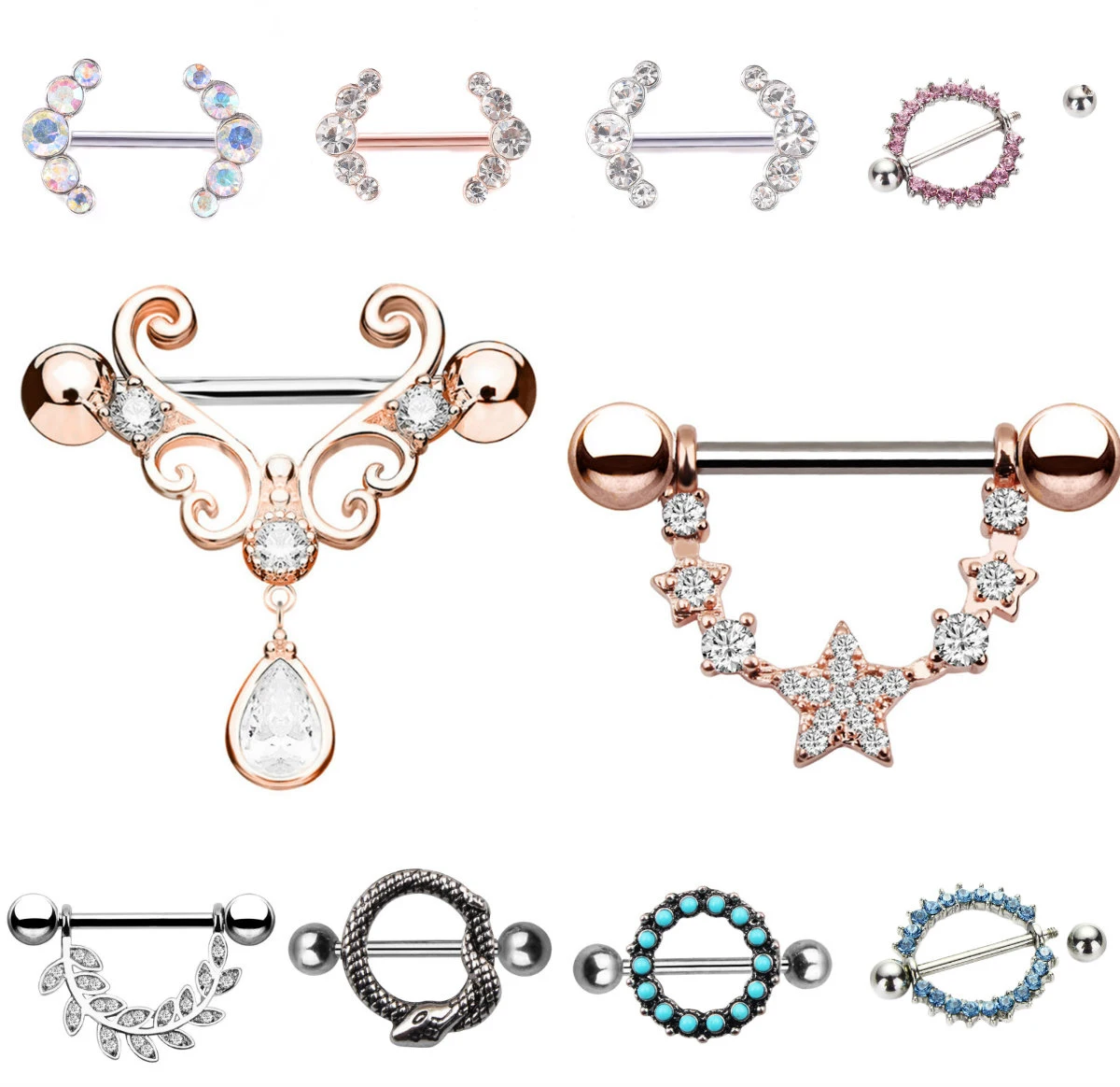 2Pcs Sexy Clear Colorful Crystal Love Dangle Nipple Piercing Shields Bars Piercing Nipple For Women Body