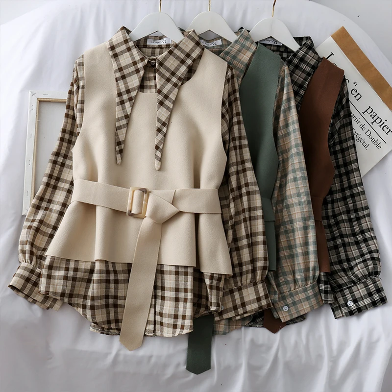Elegant Autumn Blouse Women Vintage Plaid Long Sleeve Shirt+ Woolen Casual With Sashes Vest Two Pieces Set Matching Set