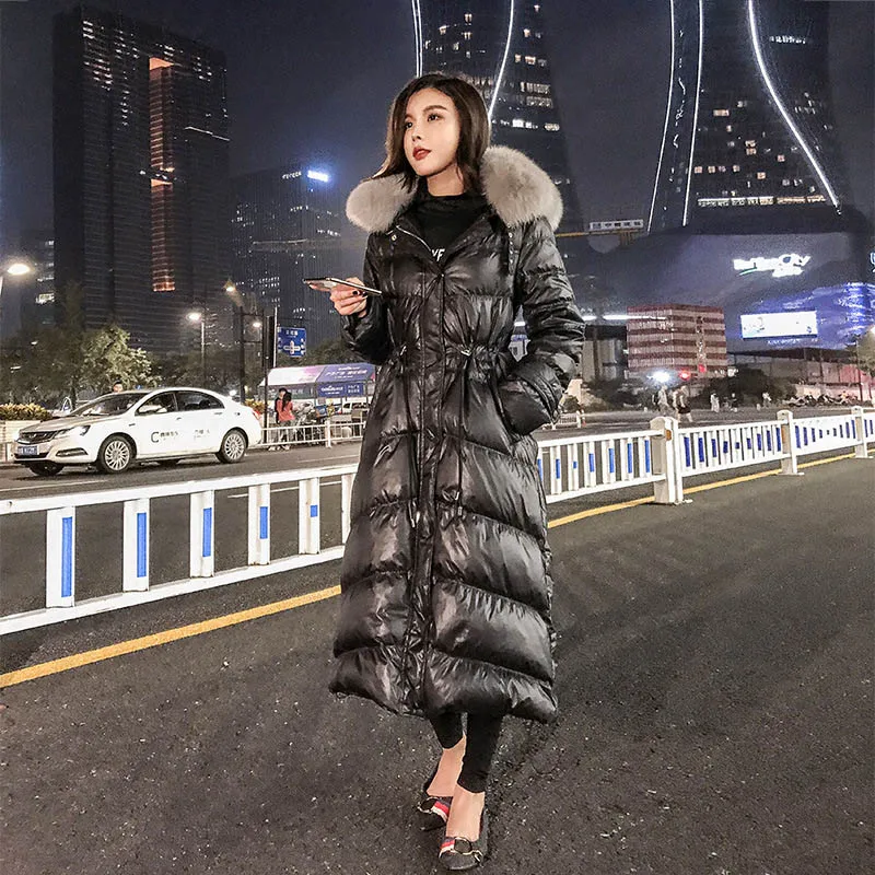 Модное пальто с капюшоном и меховым воротником, женский пуховик X-long, новое тонкое пальто, Женское зимнее теплое пуховое пальто, женская верхняя одежда WM31 - Цвет: black