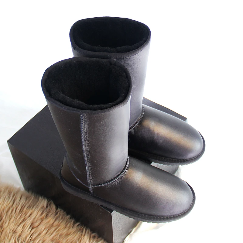 

G&Zaco Knee High Genuine Sheepskin Boots Shoes Leather Snow Boot Women Wool Sheep Boots Long Boots Black Flat Winter Shoes 42