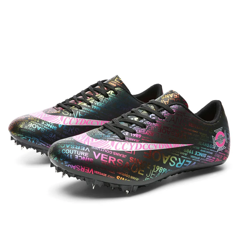 Men Kids Track Field Training Spikes Shoes Women Athlete Running Nail Newspaper Graffiti Shoes Mens Spike Racing Sneakers