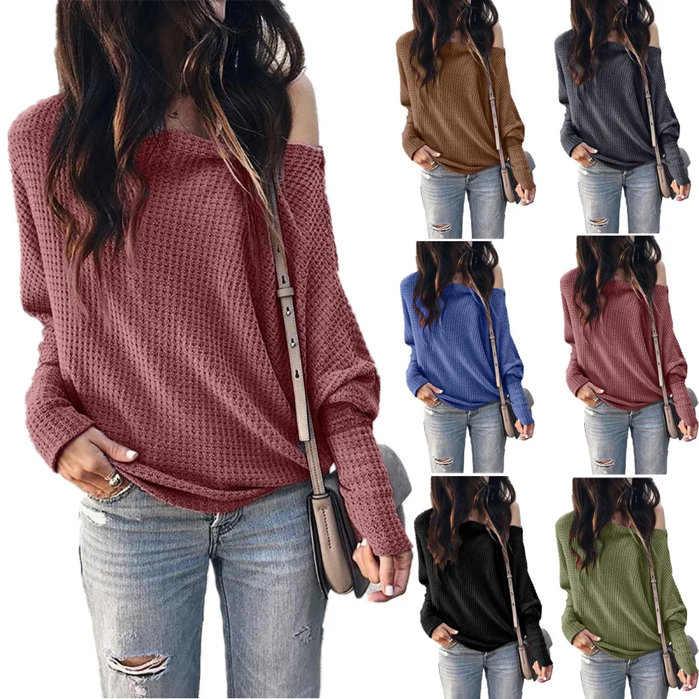 

YELITE Women Waffle Knit Tops Casual Loose Tshirt for Womens Womens Knit Wear Cold Shoulder Tops for Womens 2019 Autumn Winter