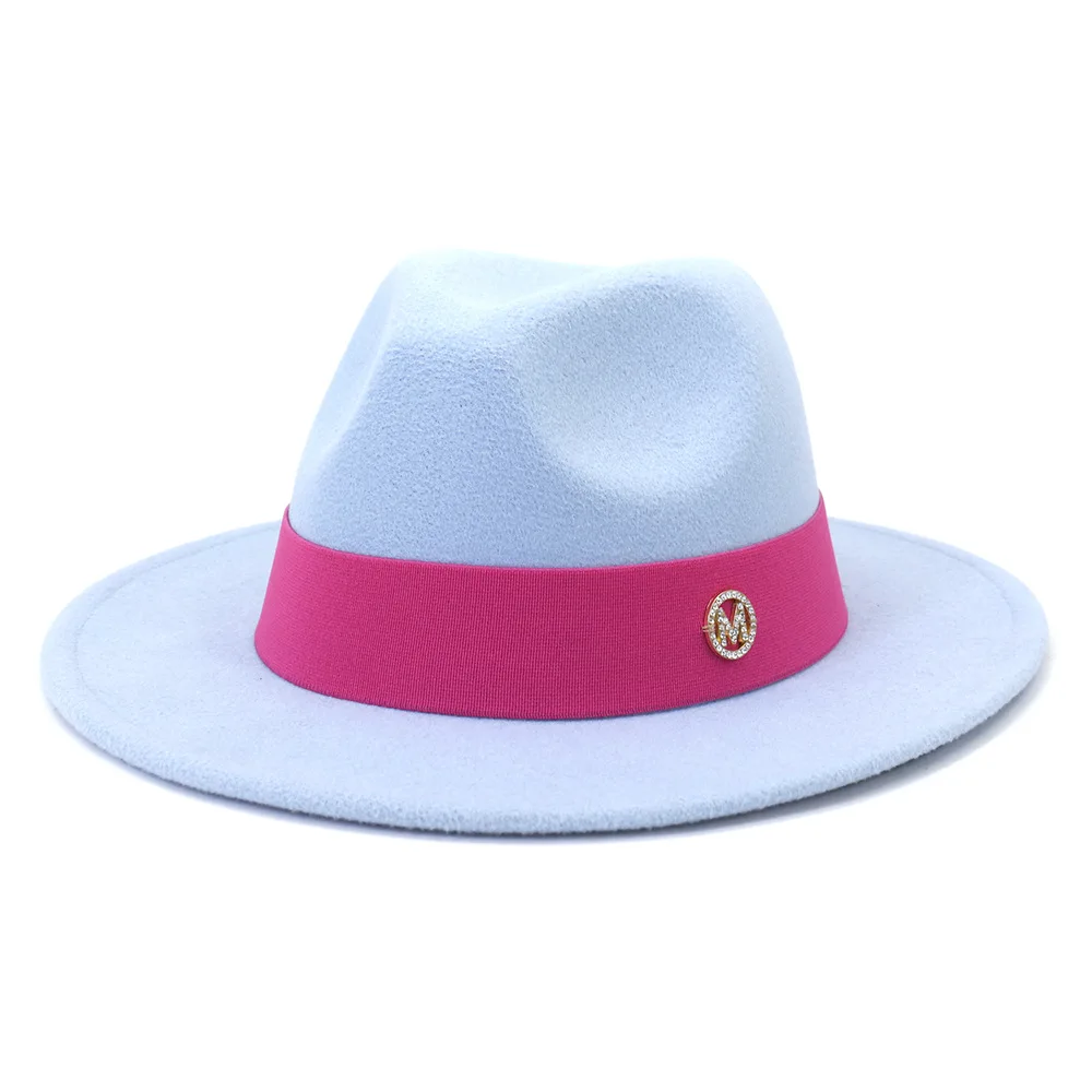 mens straw fedora Women Hats British Style M letter Ribbon Band Felt Fedora Hats Winter Autumn Wide Brim Pink Dress Formal Jazz Wedding Hat felt fedora hat Fedoras