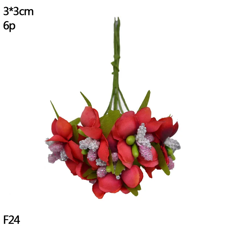 F24-6pcs red Ручной работы искусственный цветок тычинки Рождество красный цветок вишня ягоды Букет DIY Свадебный Рождественский венок Ремесло Подарок Украшение - Цвет: F24-6pcs red
