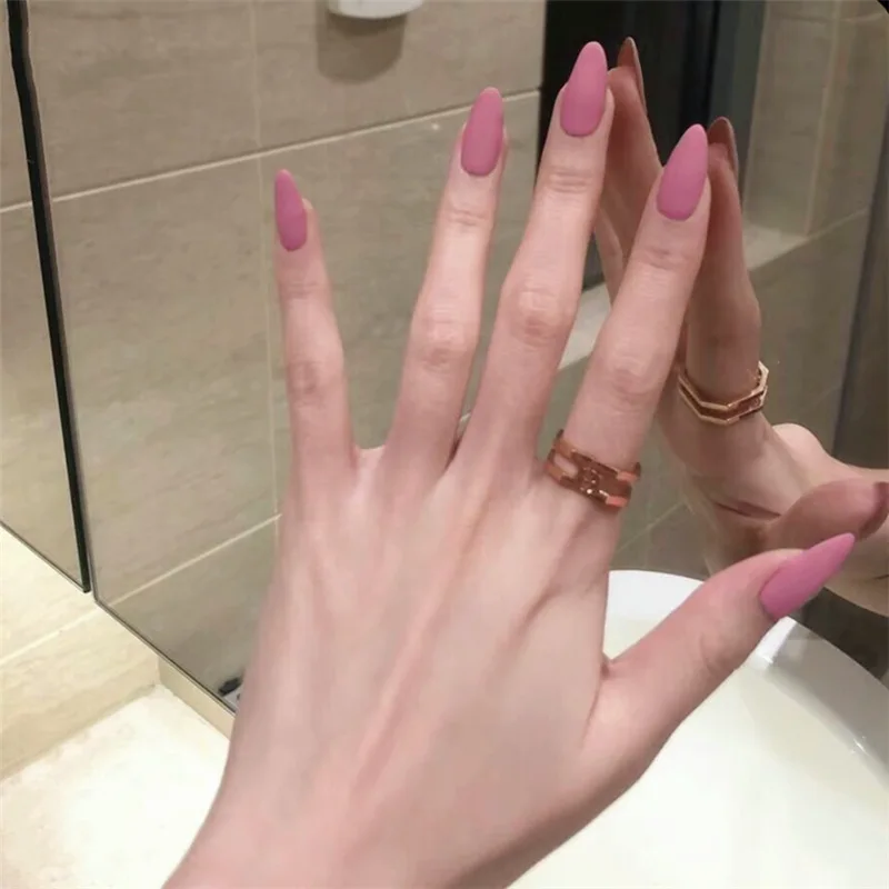 24Pcs full cover nails Pointed Head Scrub Deep Pink Fresh Temperament matte false Wearable Stiletto fake with glue | Красота и