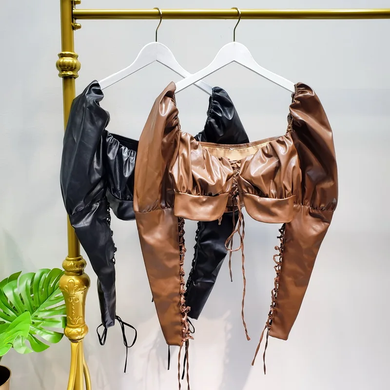 

Sexy Bra Style Imitation Sheep Pu Chest Wrap Top Ladies Slim Bandage Low Neck Long Sleeve Outer Leather Tops Womens Pu Coat
