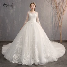 Optcely реальное фото элегантное глубокое круглое декольте три четверти А-силуэта Свадебные платья поезд аппликации бисером развертки Свадебные платья на Прокат