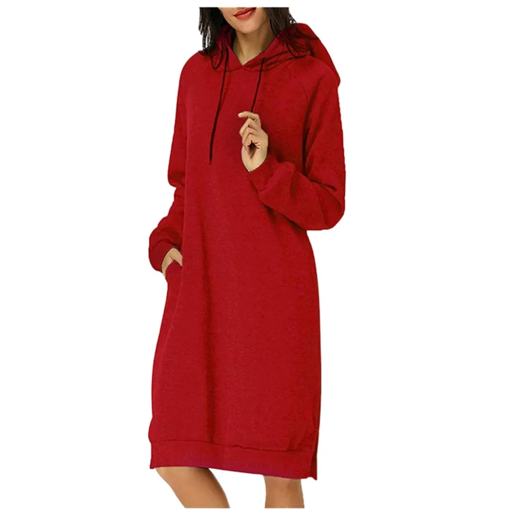 Robe hiver femme, женское платье, повседневное, одноцветное, с длинным рукавом, зимнее платье, с карманом, толстовка, с разрезом, платье, vestidos ropa mujer