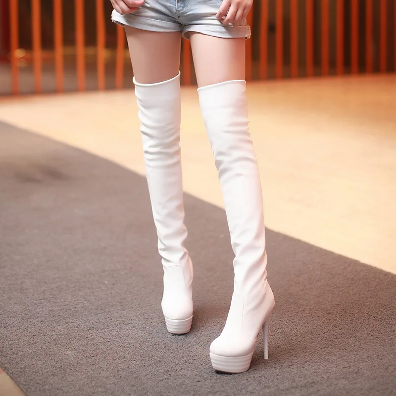 Новые женские сапоги пикантные Высокие Сапоги выше колена из искусственной кожи пикантные сапоги на тонком высоком каблуке Женская обувь на платформе Zapatos De Mujer Botas 987