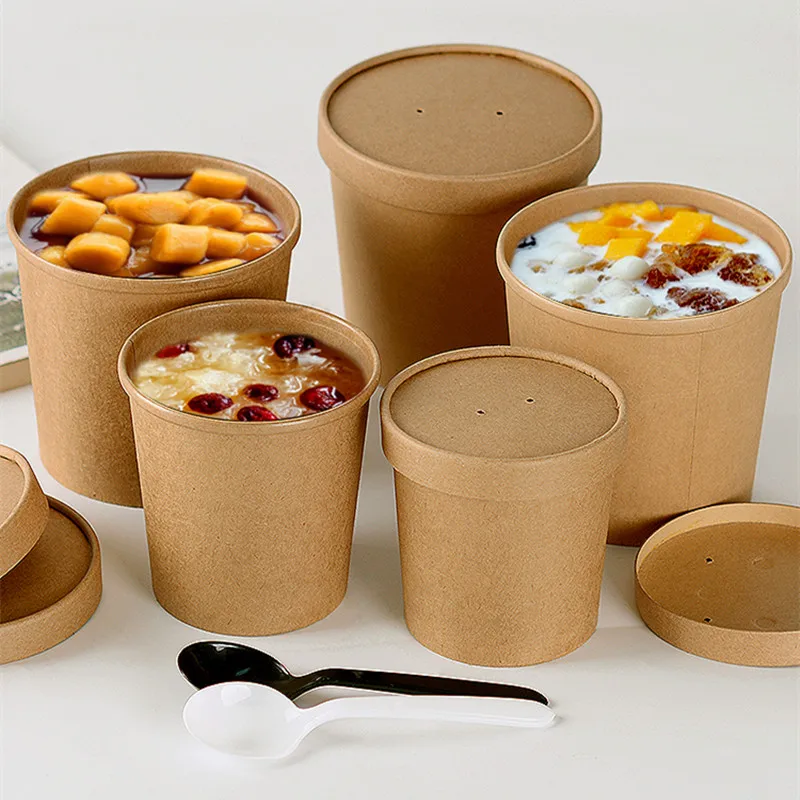 

50pcs High Quality Disposable Lunch Box Round Kraft Paper Soup Bowl Food Dessert Packing Box Takeaway Fruit Salad Box With Lid