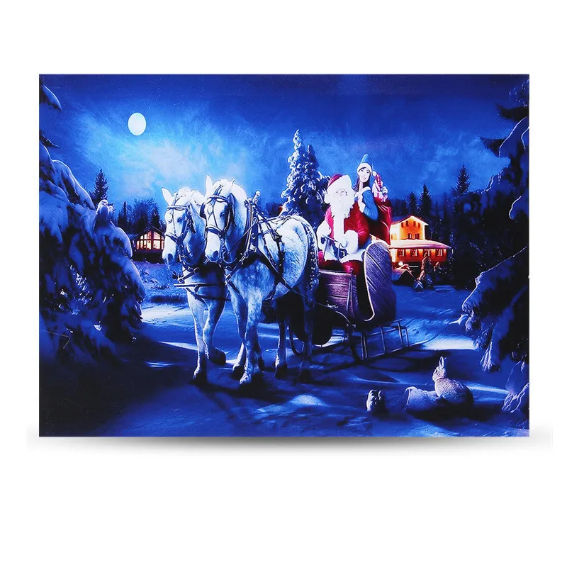 

40 x 30cm Operated LED Christmas Santa Ride White Horse on Street Print Wall Art in winter night oil painting