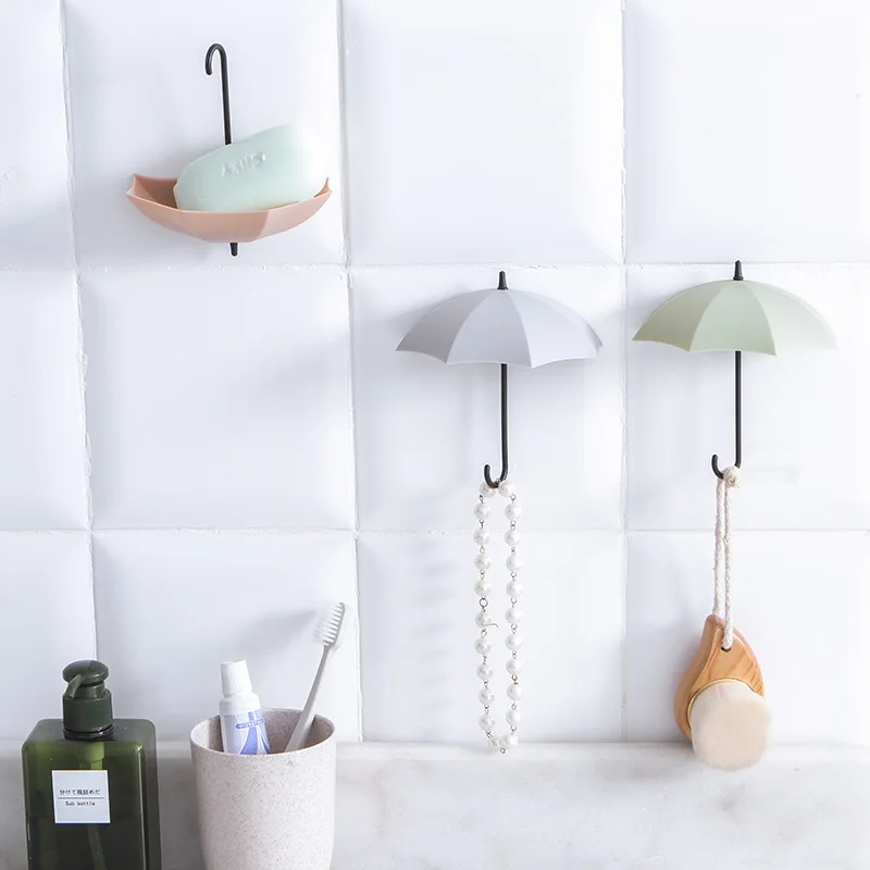 

3PCS Creative Umbrellas Small Sticky Hook Hanger Color Key Rack Traceless Viscose Wall Hook Kitchen Bathroom Accessories