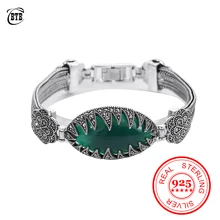 Новинка 925, серебряные винтажные стильные турецкие браслеты, зеленый овальный браслет и стразы, женский черный кристалл, подарок на свадьбу