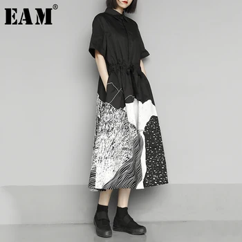 

[EAM] Women Black Pattern Printed Big Size Shirt Dress New Lapel Short Sleeve Loose Fit Fashion Tide Spring Autumn 2020 1T733