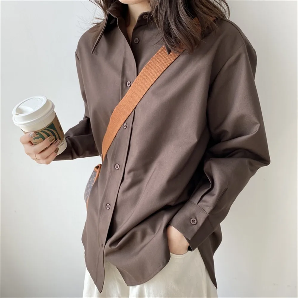 2020 Spring Women Brown Shirt Female Blouse Tops Long Sleeve Casual Turn-down Collar Style Women Loose Office Blouses Z1695 (48)