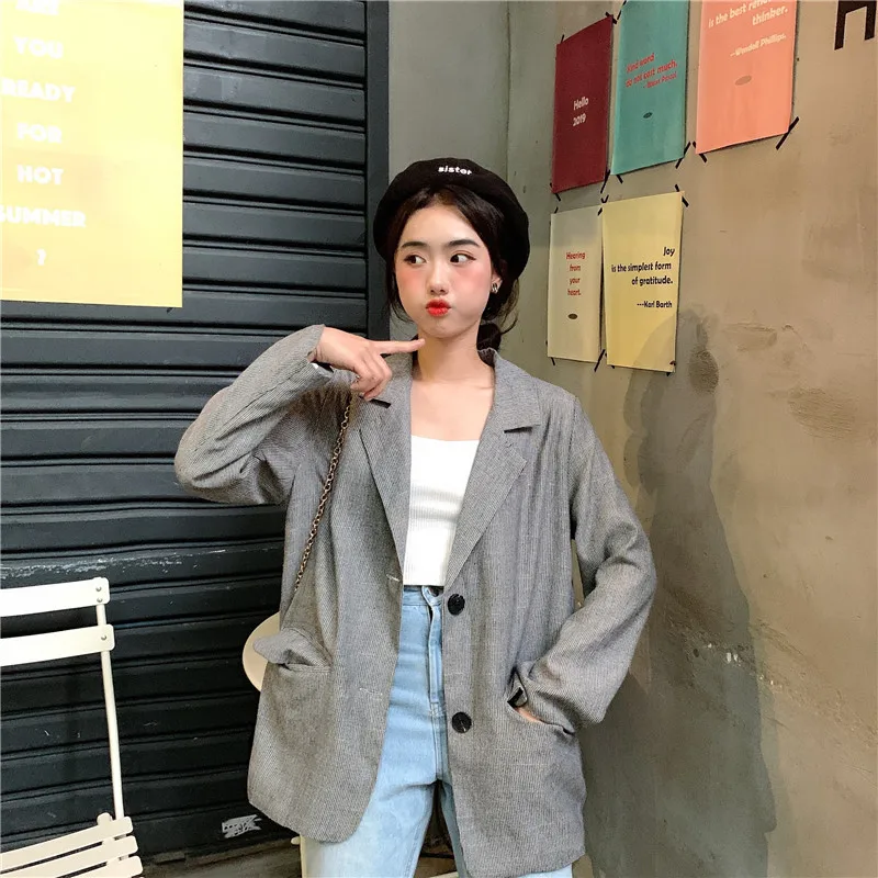 Photo Shoot Autumn New Style Korean-style Loose-Fit BF Style Retro Thin Stripe GIRL'S Long Sleeve Suit Jacket Women's