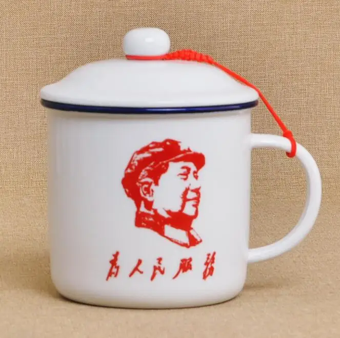 

enamel white water mug cup china vintage style Chair Mao printed