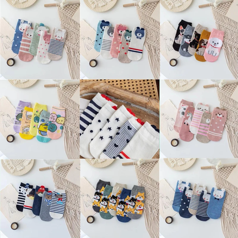 5 pairs of kawaii cartoon boat socks Harajuku funny cat bear rabbit dog penguin cute animal spring and summer woman short socks women summer cute cotton socks cartoon kawaii funny happy short socks fashion animal expression socks