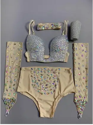 nude set Многоцветный Бюстгальтер со стразами короткие перчатки комплект одежды для женщин певица сексуальный Набор белья бикини бар танец Выпускной комплект одежды - Цвет: nude set
