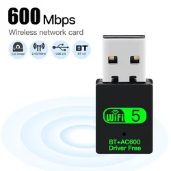 Mini adaptateur USB WiFi Bluetooth 600Mbps 2 en 1, Dongle double bande 2.4G et 5GHz, USB 2.0, récepteur de réseau sans fil Wlan, pilote gratuit 