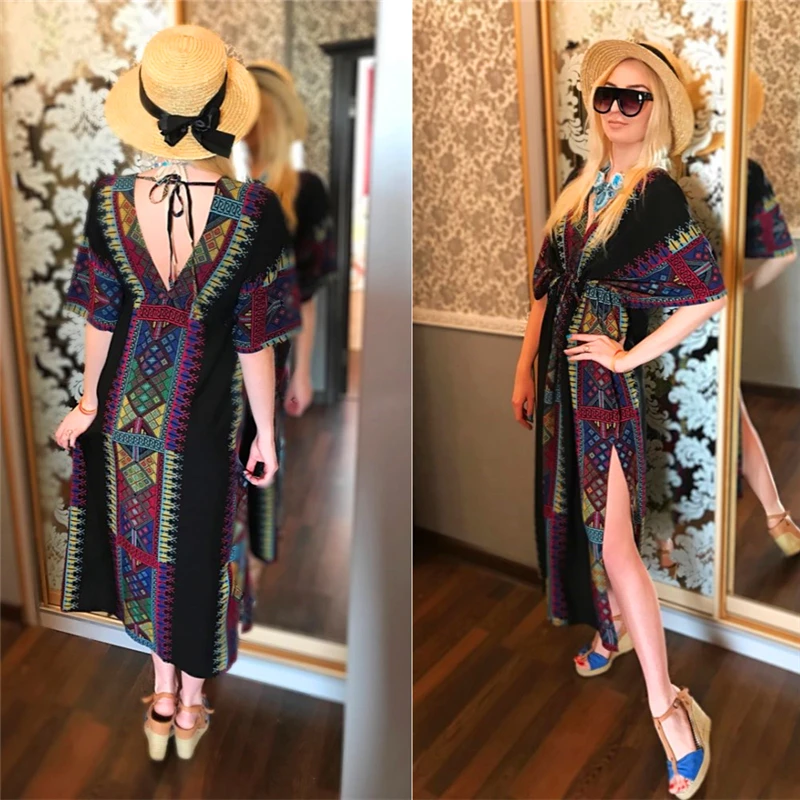 Bohemian Women Summer Beach Dress Swim Wear Cover Up Cotton Tunic Sexy Deep V-Neck Robe Caftan Bikini Cover-ups pareo#Q645