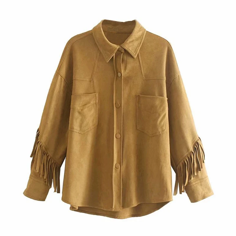 

2019 Autumn Women Vintage Faux Suede Fringed Overshirt Femme Turn down Collar Long Sleeve Streetwear Jackets chaqueta mujer