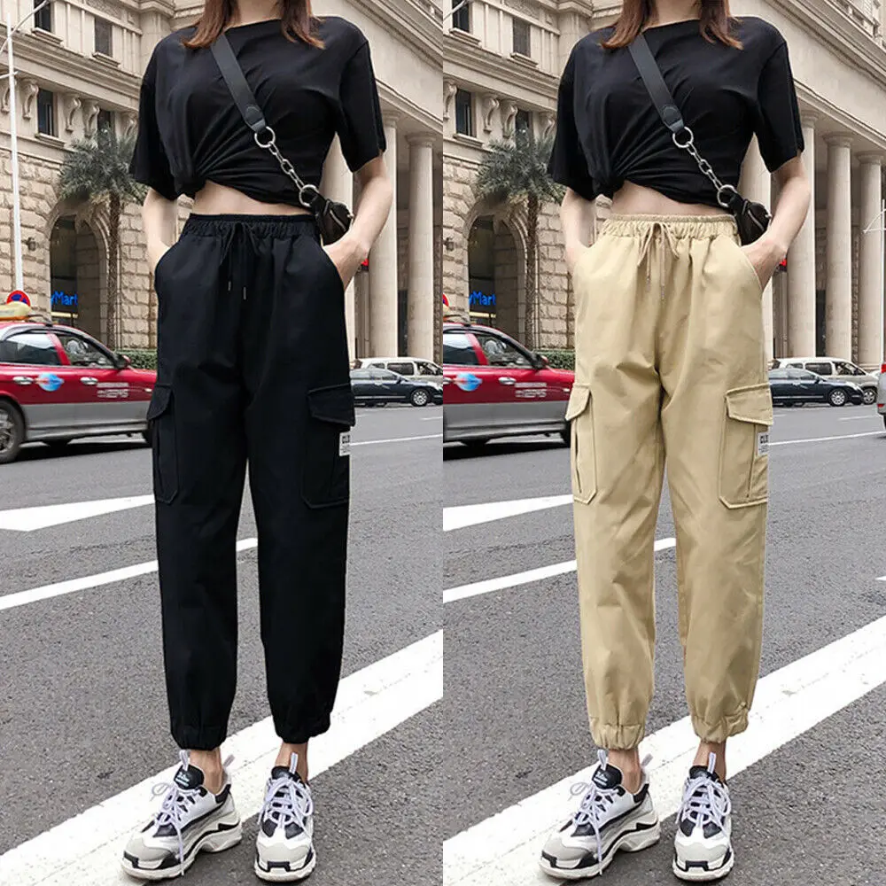 Women's Casual Cargo Pants Solid Color High Elastic Waist Long Pants with  Pockets Autumn Ladies Loose Pencil Trousers Streetwear