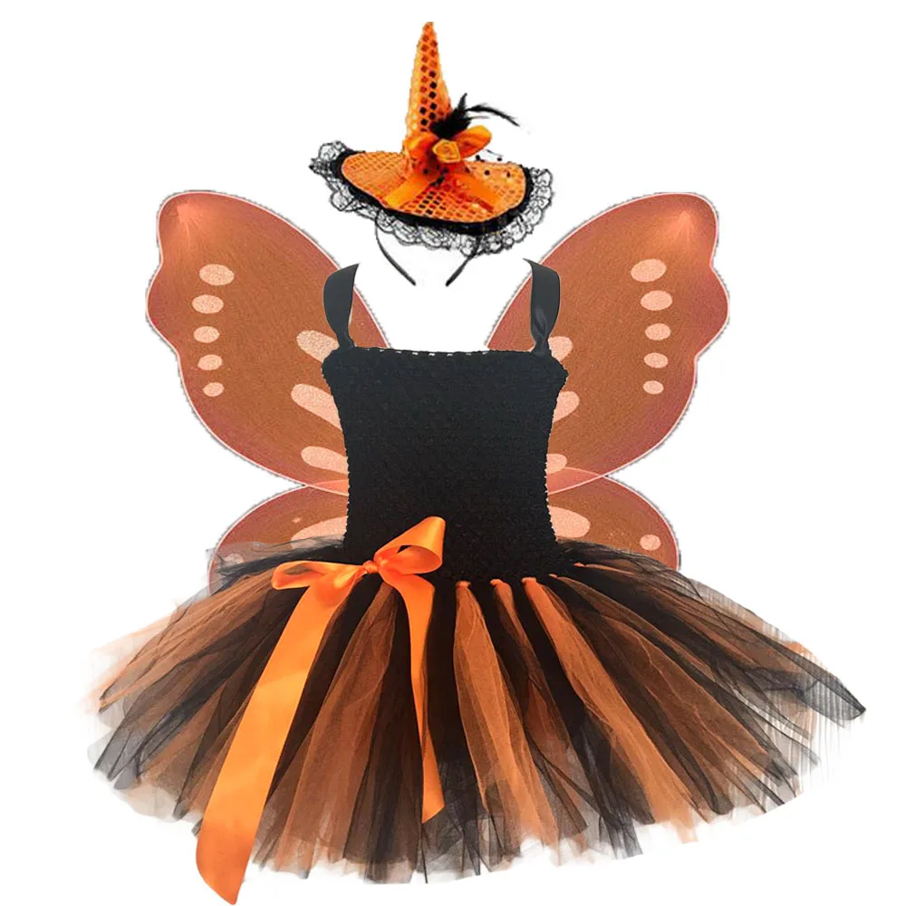 Черно-оранжевое платье-пачка с тыквой на День Благодарения для девочек, шляпа с изображением крыльев Ангела, костюм для костюмированной вечеринки на Хэллоуин Детский костюм для латиноамериканских танцев полный наряд - Цвет: Full Set