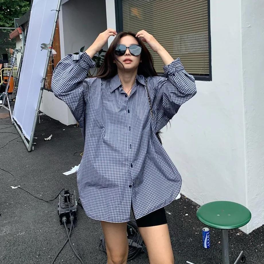 Kpop Blackpink JENNIE same korea женские клетчатые рубашки на пуговицах Осенние блузки с длинными рукавами офисная хлопковая рубашка повседневные свободные топы