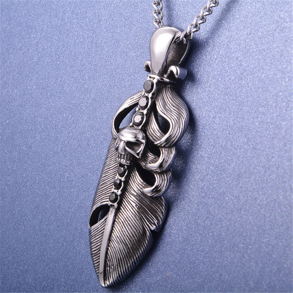 Monla Japan Takahashi Goro's Titanium Hiphop Men Necklace Punk Style Feather Pendant Shape Long Chain Stainless Steel | Украшения и