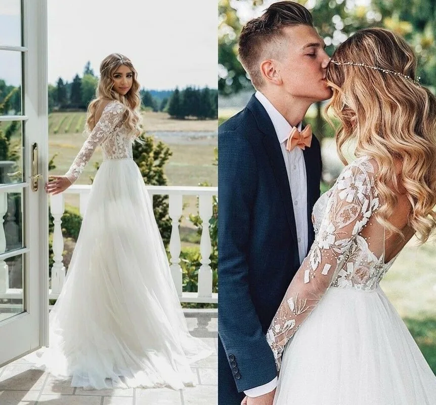 Robe De Mariee Дешевое простое свадебное платье трапециевидной формы с длинным рукавом и кружевной аппликацией свадебное платье с длинным рукавом Vestidos De Novia