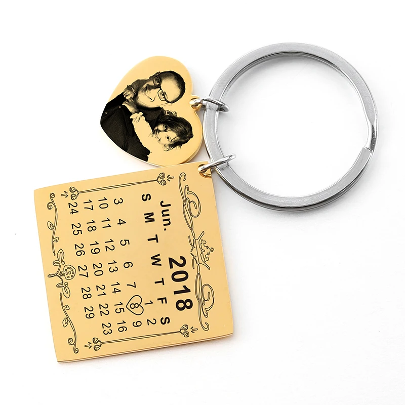 H Gold1 Engrave Pic Персонализированный Календарь-брелок календарь выделенный с сердцем Дата брелок Золото Нержавеющая сталь частный пользовательский фото текст Дата - Цвет: H Gold1 Engrave Pic