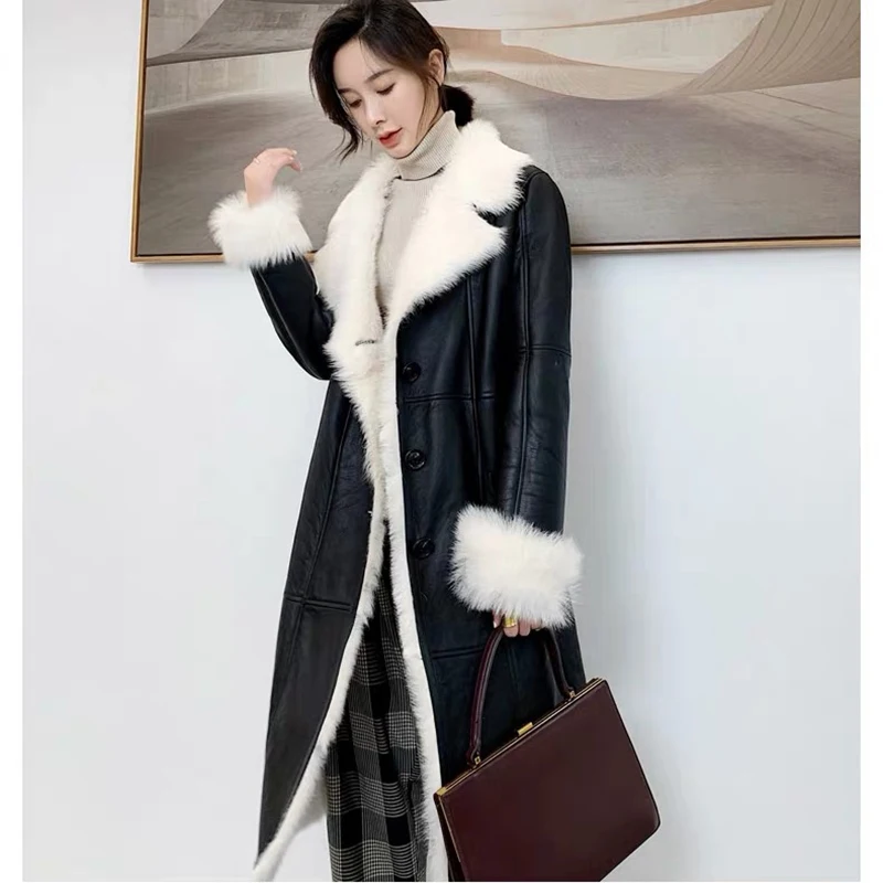 Зимнее женское пальто с натуральным мехом, длинное пальто из овчины, куртка из натуральной мериносовой кожи, Женское пальто, толстое теплое роскошное пальто - Цвет: Black