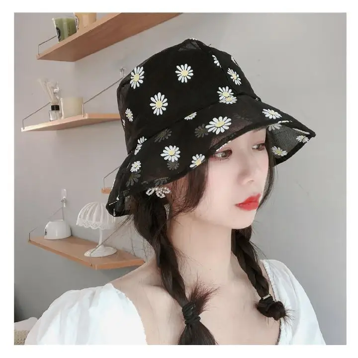 

Summer Daisies Embroidered Buckets Hat Women Transparent Panama Lace Flower Beach Hats High Top Snapback Fashion Daisy Sun Cap
