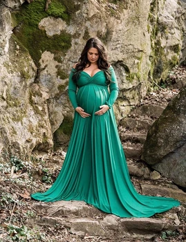 

Mercerized cotton pregnant women V-neck tail pendulum dress photographic dress