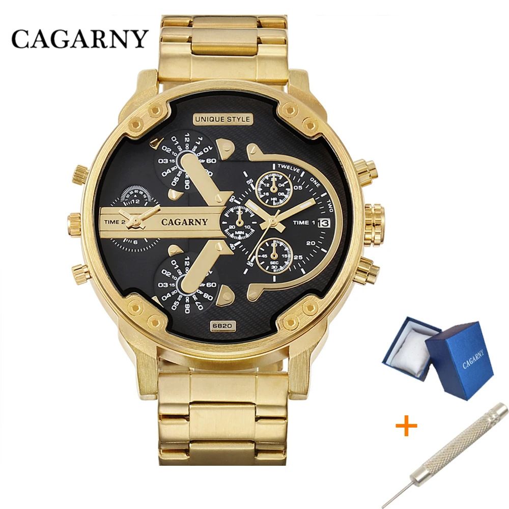 $17.99 Cagarny Dual Display Luxury Watch Men Sport Quartz Clock Mens Watches Gold Steel Watch Relogio Masc