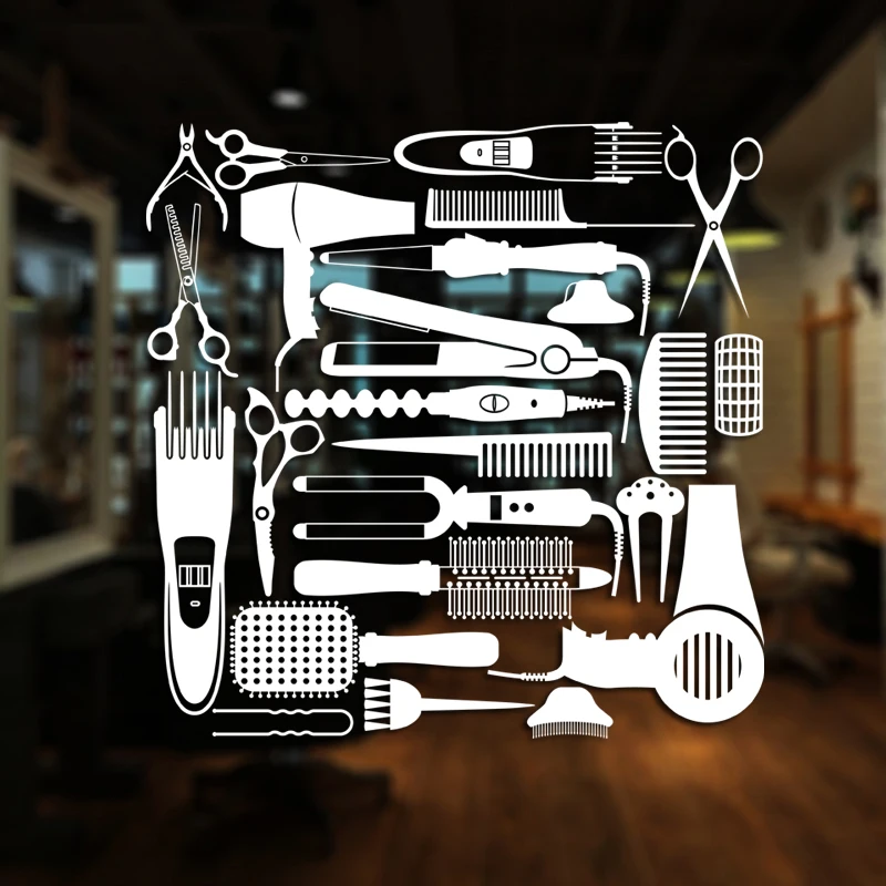Hairdressing Tool Barber Shop Sticker Hair Salon Decal Vinyl Wall Art Decals Decor Windows Decoration Mural Mb0063