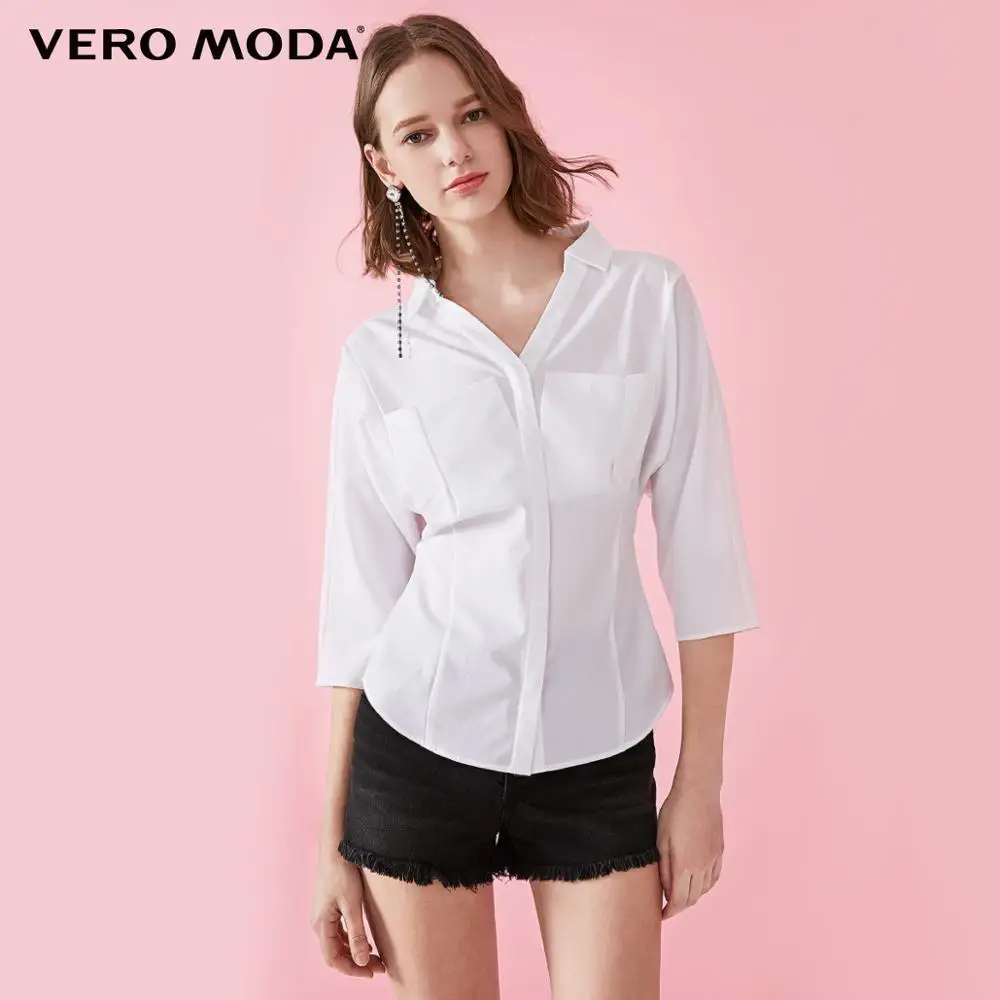 Vero Moda Женская облегающая двухполосная рубашка с 3/4 рукавами и отложным воротником | 319231585 - Цвет: A06 Opt. white