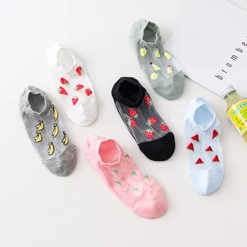

2 Pairs Arrival Transparent Crystal Silk Glass Fruit Print Women Short Socks Summer Banana Avocado Breathable Ankle socks 35-39