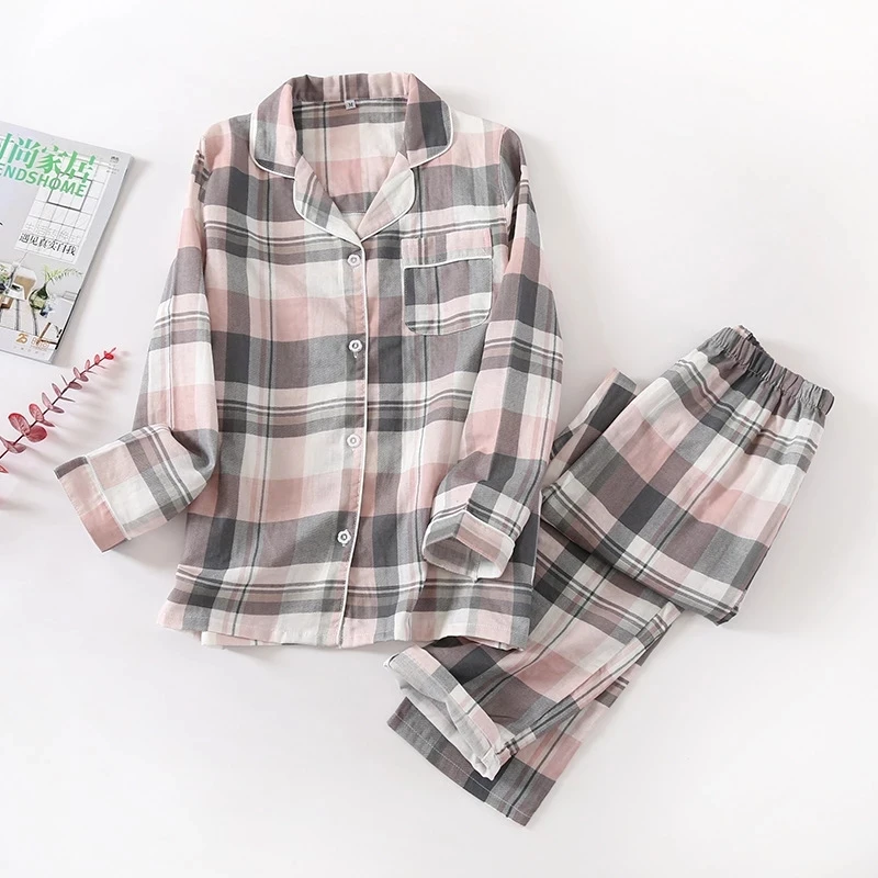 Kupokasi Women Casual Cotton Plaid Sleepwear Long Sleeve Trousers Pajamas Set Soft Spring Autumn Nightwear Lapel Couple Pyjamas