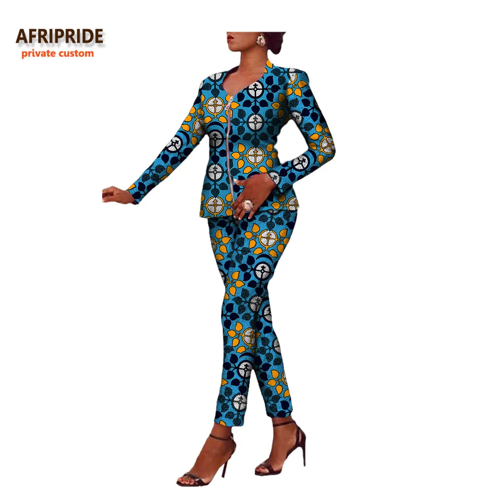 Afripride Африканский принт 2 шт брюки Блейзер костюм для женщин сделанный на заказ Молния Fly топ+ длинные брюки хлопок костюм A722634 - Цвет: 531J
