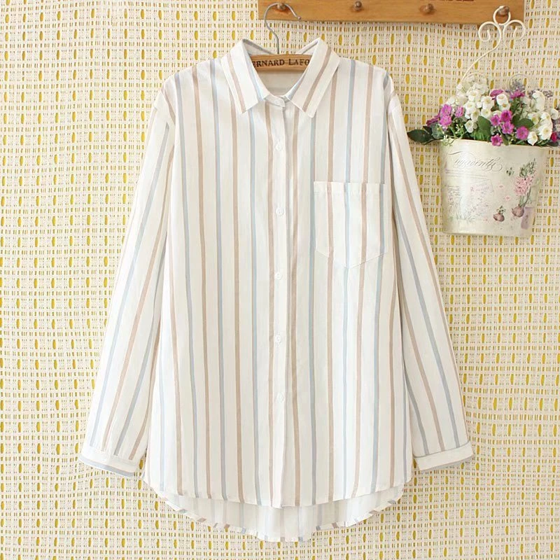 

Plus Size Collared Stripe Blouse Long Sleeved Loose Casual Shirts Officewear Blusas