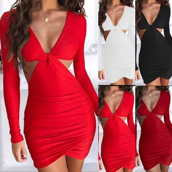 

Women Elegant Cross V Neck Knotted Solid Casual Bodycon Dress Female Long Sleeve Sexy Night Club Dress Vestidos Autumn Dresses