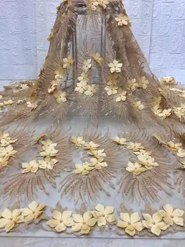 

hot sales gold beads sequins french lace fabric tulle embroidery 3d bridal lace fabric 1022DF