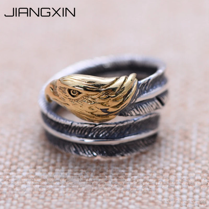 

925 Sterling Silver Feather Rock Ring for Men Women Thailand Vintage Silver Eagle Jewelry Adjustable Size