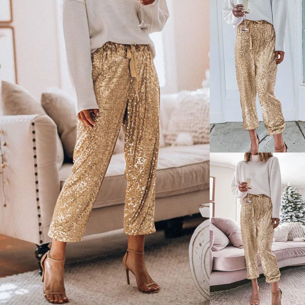 2020 модные женские брюки блестящие стильные новые из ткани с высокой талией и