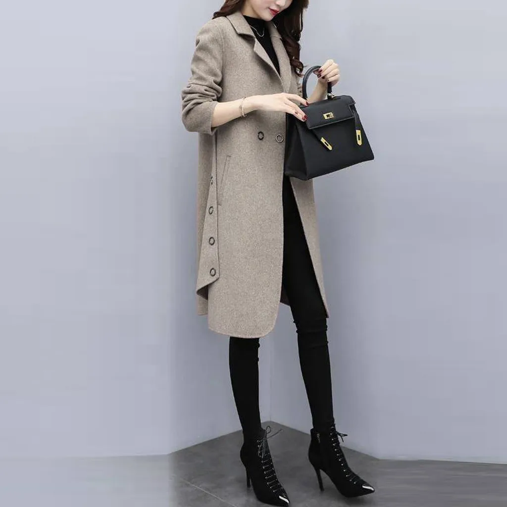 Women Outerwear Overcoat Autumn Winter Jacket New Fashion Long Woolen Coat Women Long Sleeve Slim Solid Female Wool Coats#108