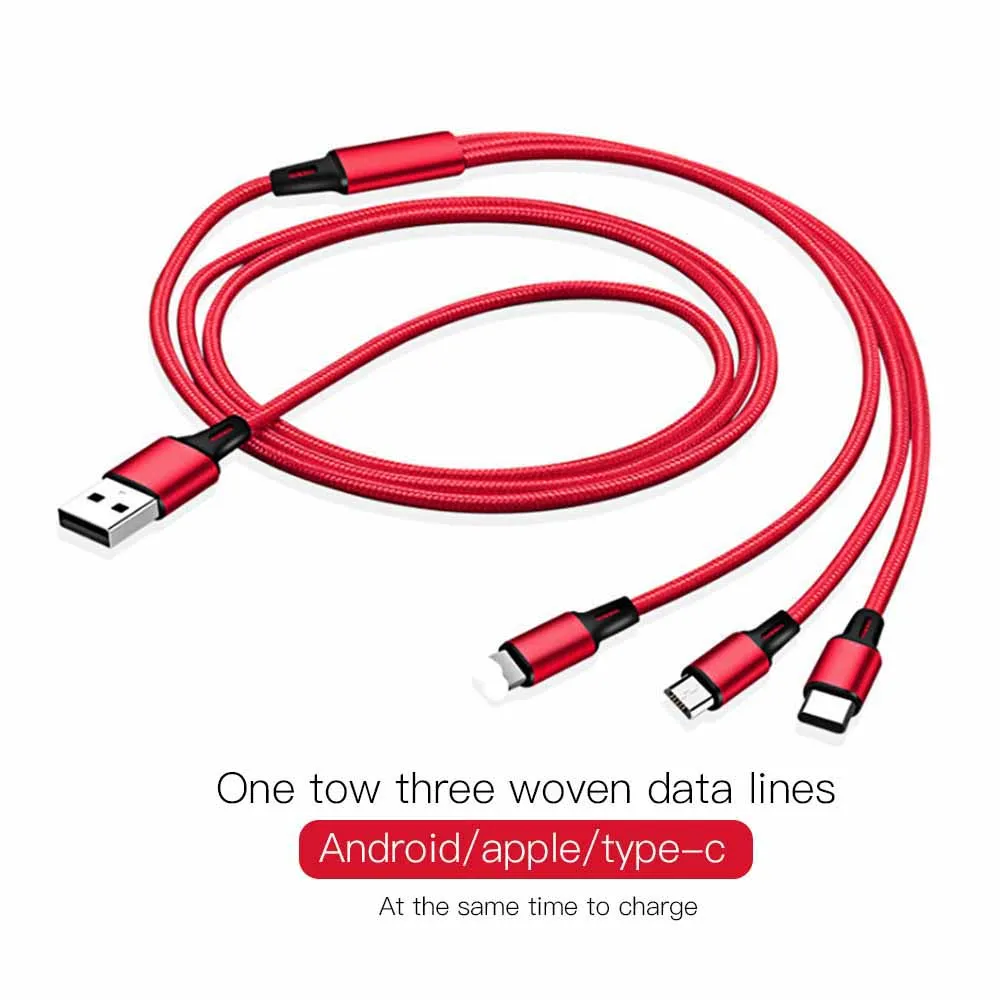 3 в 1 USB кабель тройной зарядки светодиодный кабель Micro type C гибкий зарядный кабель нейлоновая оплетка многофункциональный для IPhone